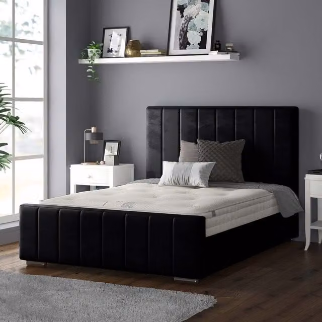 IH Design Modern Upholstered Striped Velvet Bed Frame, Black, W/D/H: 90 x 200 cm