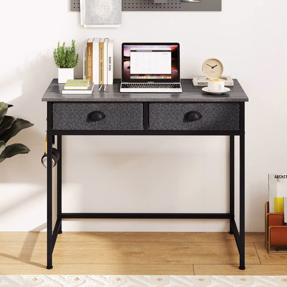 Gymax Modern Grey Computer Desk and Dressing Table with 2 Drawers – 4