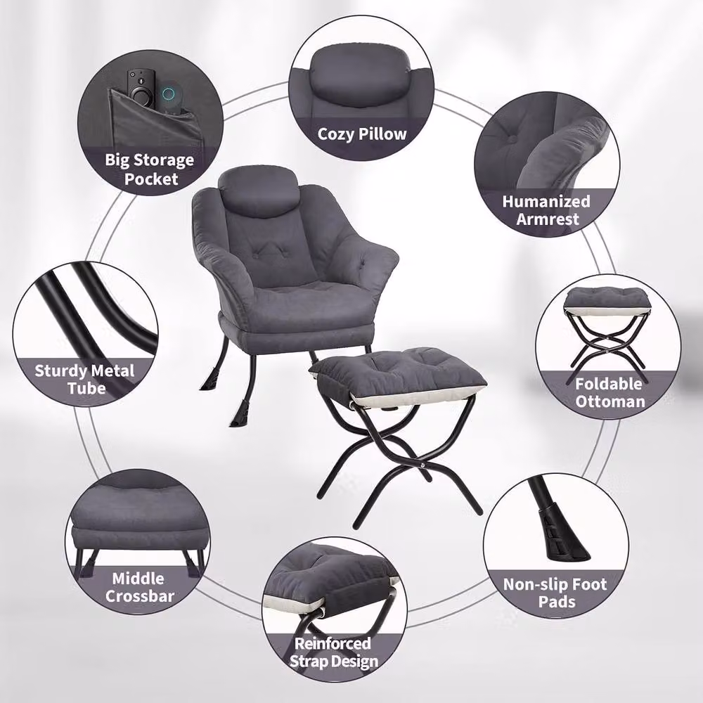 London Boutique Modern Grey Fabric Lounge Chair Set with Ottoman and Side Pocket – 6