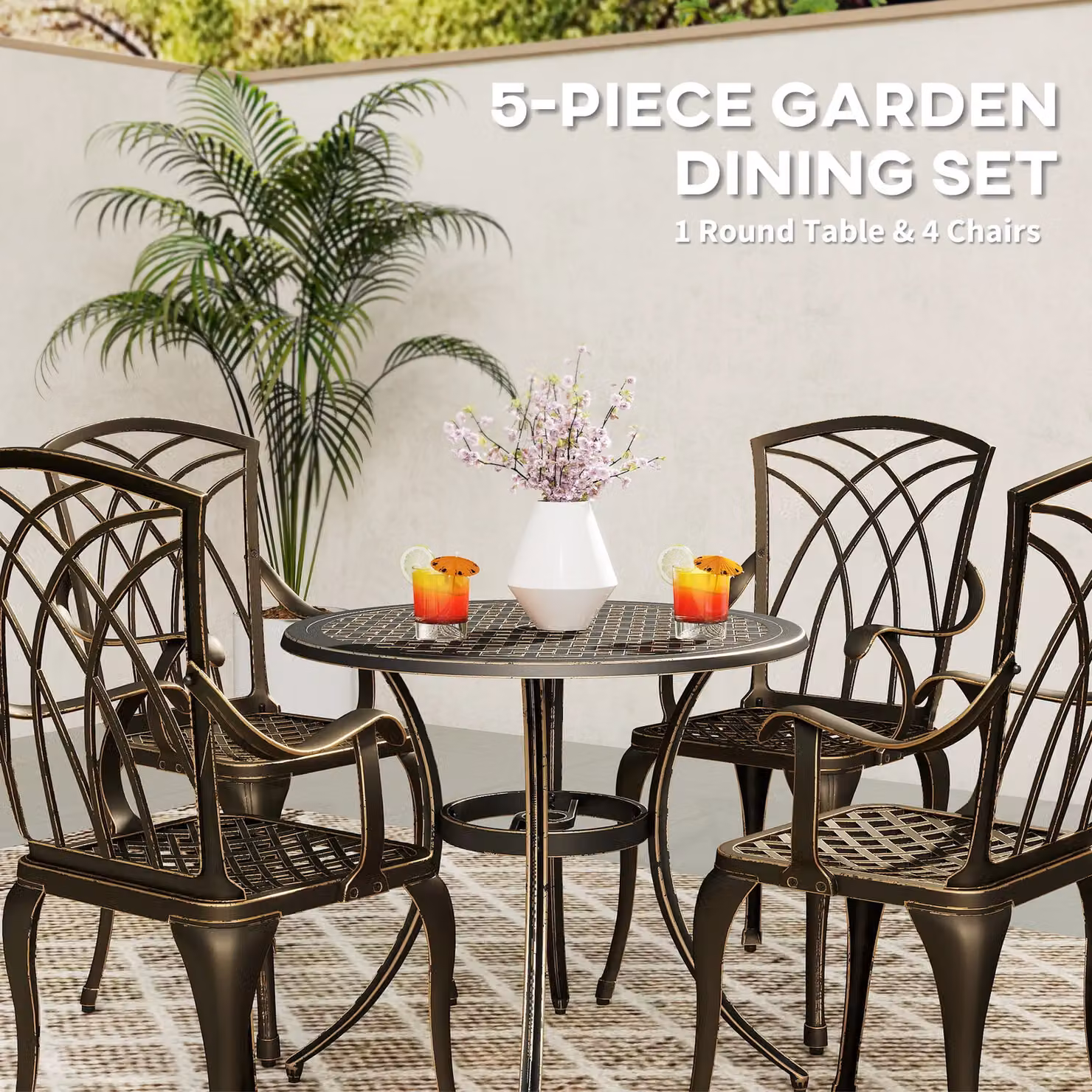 OUTSUNNY 5 Piece Bronze Garden Dining Set with Round Powder Coated Aluminium Table and Chairs – 3