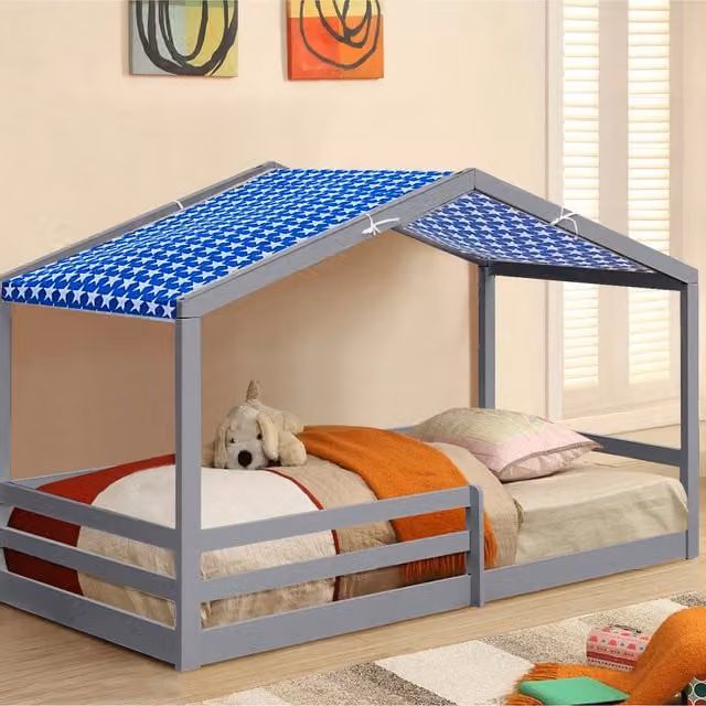Comfy Living Single Wooden House Style Childrens Bed with Blue Fabric Tent Canopy, Grey, W/D/H: 90 x 190 cm