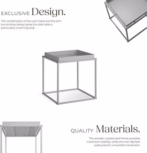 TECTAKE Cambridge Bedside Table with Tray-Shaped Shelf in Grey, W/D/H: 40 x 40 x 44 cm