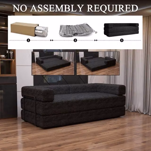 Sliding Wardrobes 4U 3 Seater Convertible Sofa Bed in Black Sherpa Fabric with Metal Frame – 1