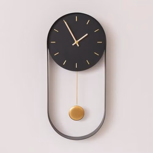 Melody Maison Black and Gold Pendulum Metal Analogue Oval Wall Clock, W: 20 cm, H: 55 cm – 1