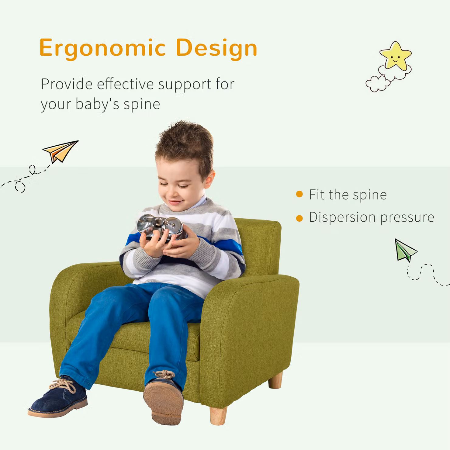 HOMCOM Childrens Mini Armchair with Solid Wood Frame and Fabric Upholstery in Green – 4