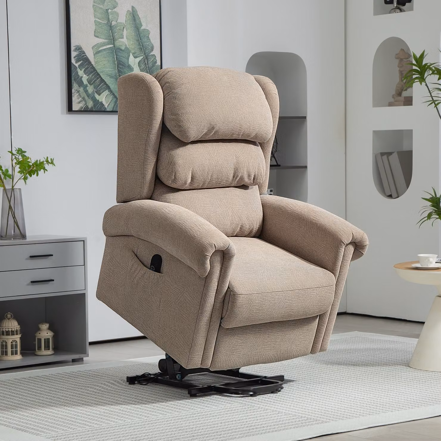 HOMCOM Power Lift Recliner Chair for Elderly, Beige Velvet Electric Riser and Recliner Armchair with Remote Control – 2