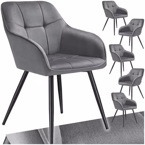 tectake Set of 6 Marilyn Dining Chairs with Velvet-Look Fabric and Geometric Pattern in Grey and Black