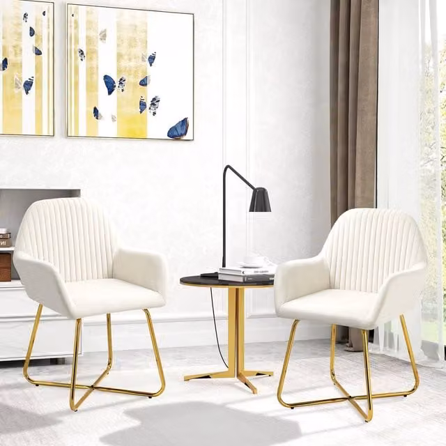 HOMCOM Set of 2 Modern Velvet-Touch Fabric Accent Chairs with Metal Frame in Beige and White