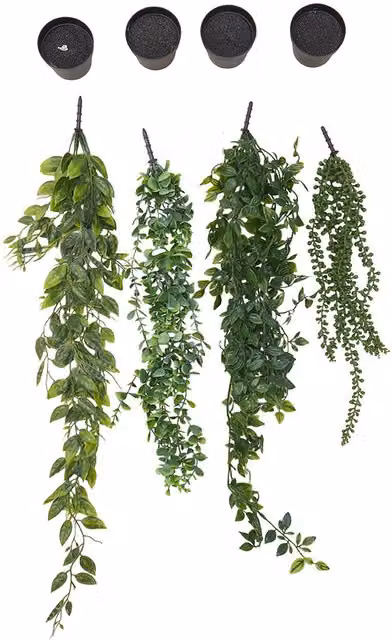 Livingandhome Set of 4 Green Artificial Hanging Plants with Black Pots