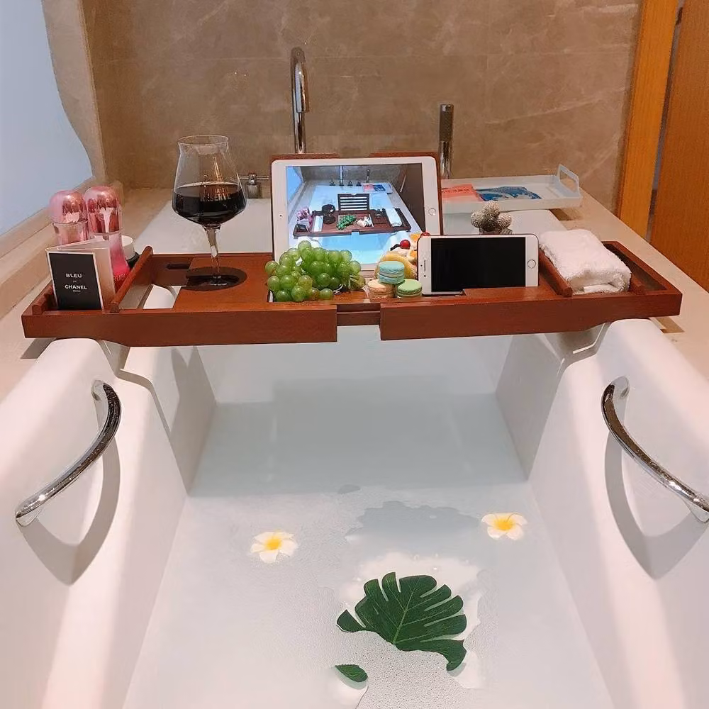 MANTRARAJ Bamboo Extendable Bath Tub Caddy with Folding Leg and Wine Tablet Holder in Dark Brown – 2
