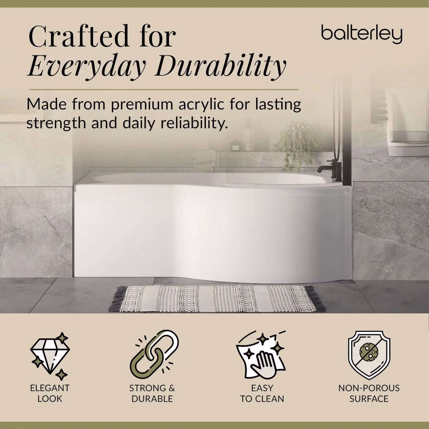 Balterley P Shape Right Hand Asymmetric Acrylic Bath with White Panel and Black Bath Screen W/D/H: 169.5 x 85 x 73.6 cm
