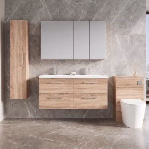 Balterley Wall Hung Twin Basin Vanity Unit with 4 Soft Close Drawers and Rectangular Sinks in Bleached Oak, W/D/H: 120.5 x 38.3 x 58.0 cm – 2