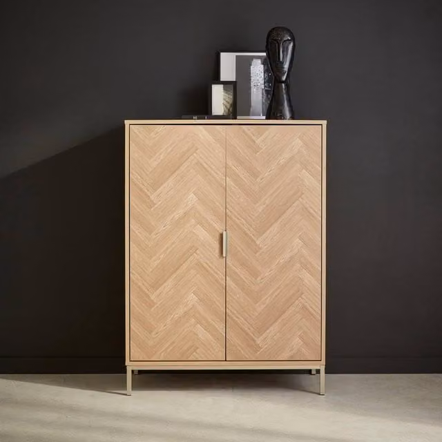 Sweekeec Herringbone Storage Cabinet with 2 Hinged Doors in Light Brown, Width: 110 cm