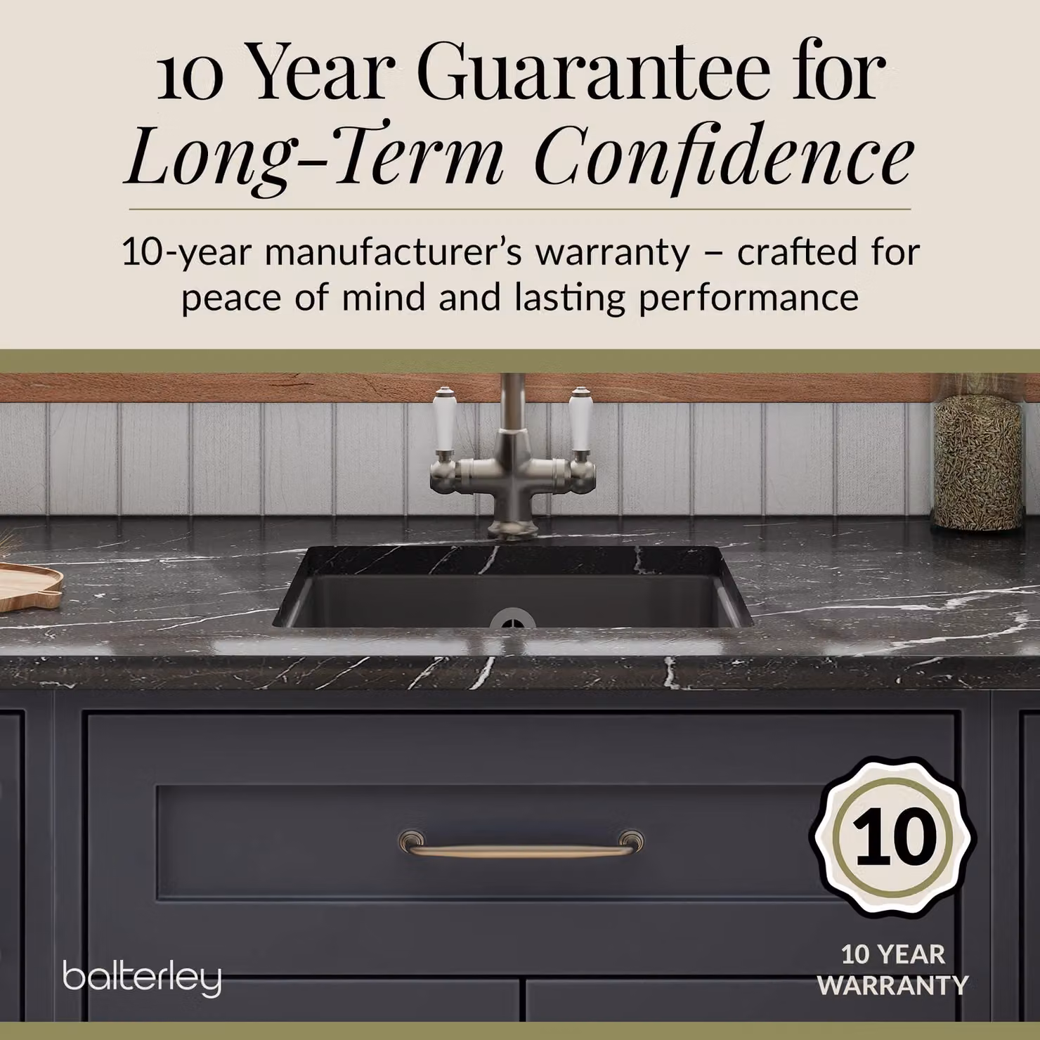 Balterley Ceramic 1 Bowl Undermount Kitchen Sink with Overflow, Dark Grey, W: 45.7 cm – 5