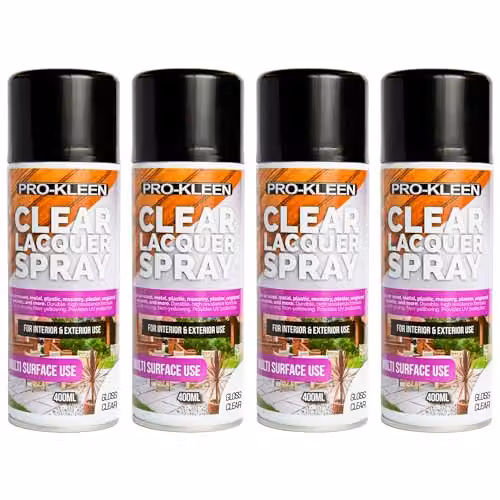 Pro-Kleen Clear Gloss Lacquer Spray, Weatherproof and Scratch Resistant Synthetic Resin Sealant, 4 x 400ml