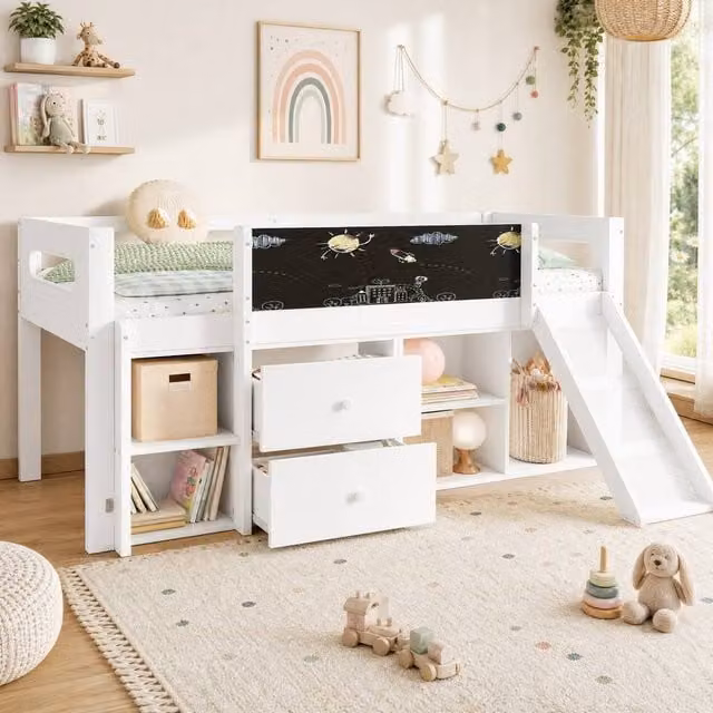 STILVORA Modern Single Bed Frame with Storage Drawers in White, Solid Wood, 90 x 190 cm