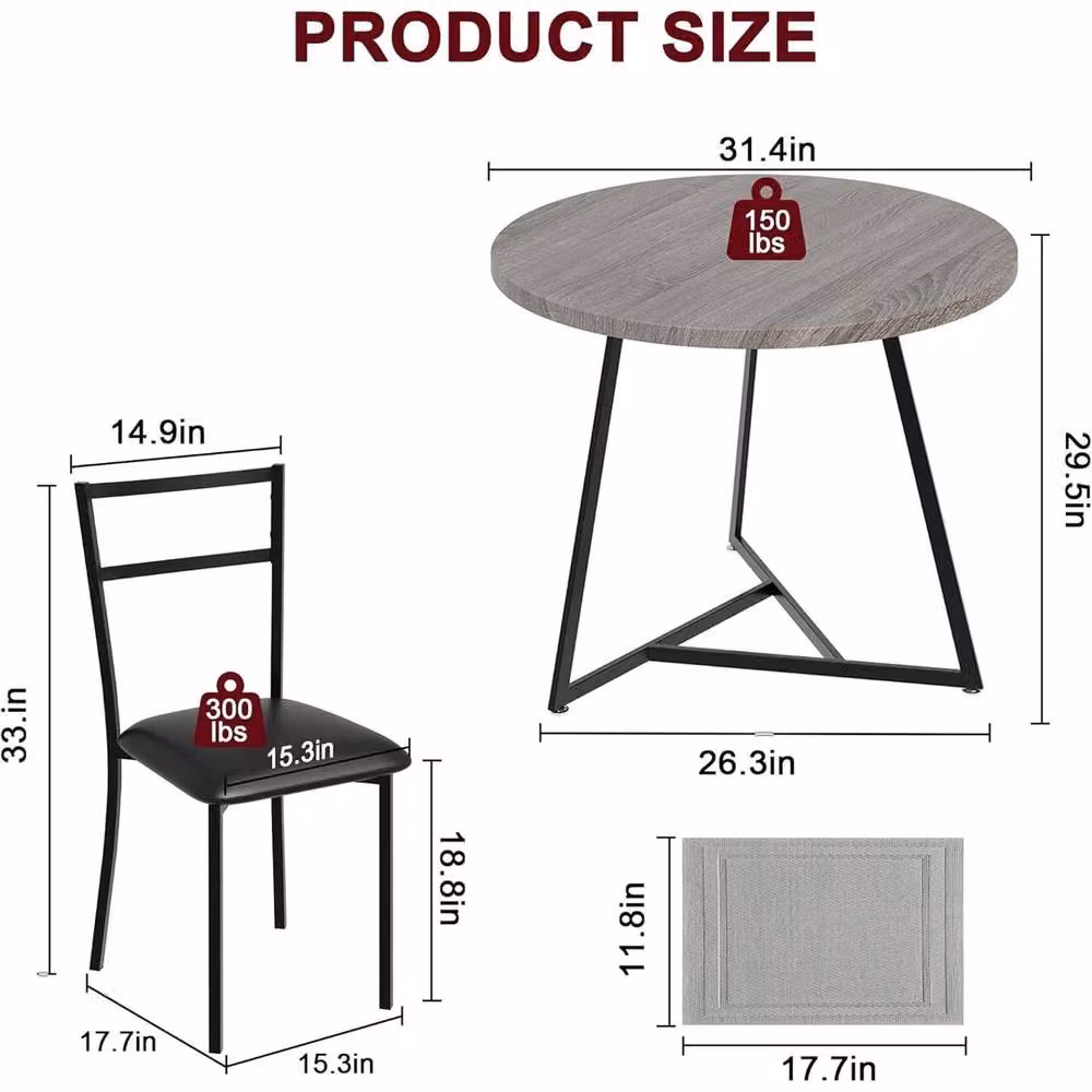 VOGREX Modern Round Dining Table and 2 Chairs Set in Grey Matt MDF Laminate – 2