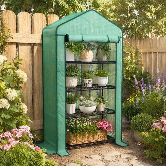 STILVORA Mini Greenhouse with 4 Shelves and Roll-Up Door, Green, H 160 x W 90 x D 49 cm