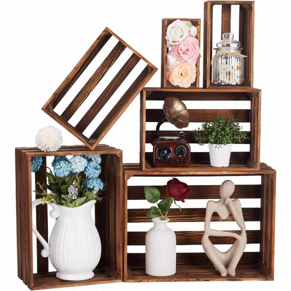 VOGREX 6 Piece Set of Slatted Natural Wood Storage Crates in Brown and Multicolour – 4