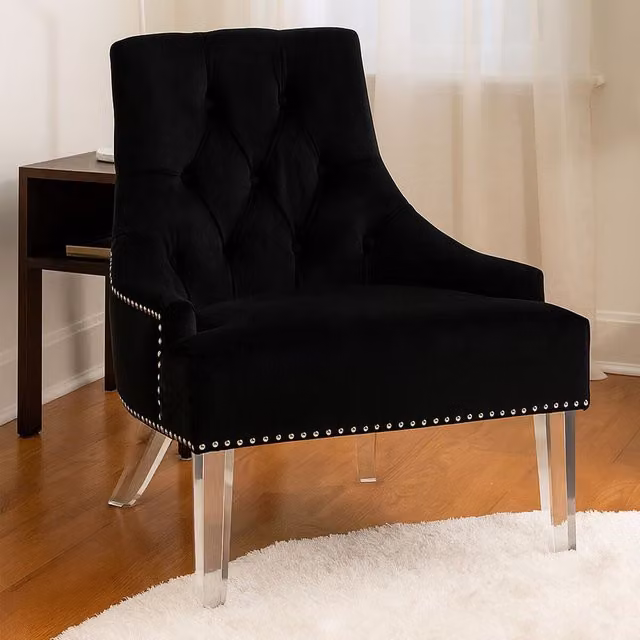 Orsina Mid Century Black Velvet Button Tufted Armchair with Silver Metal Legs – 1