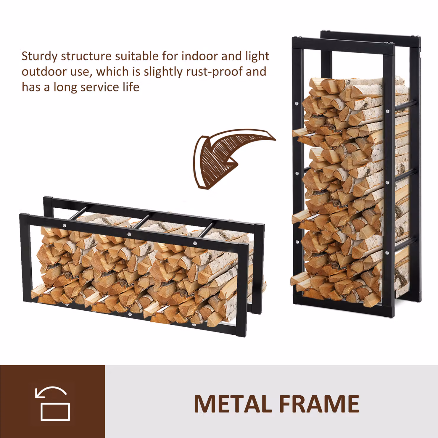HOMCOM Metal Firewood Log Holder, Tall Indoor and Outdoor Wood Storage Rack with Side Rails, Black, W: 40 cm, D: 25 cm, H: 100 cm – 5