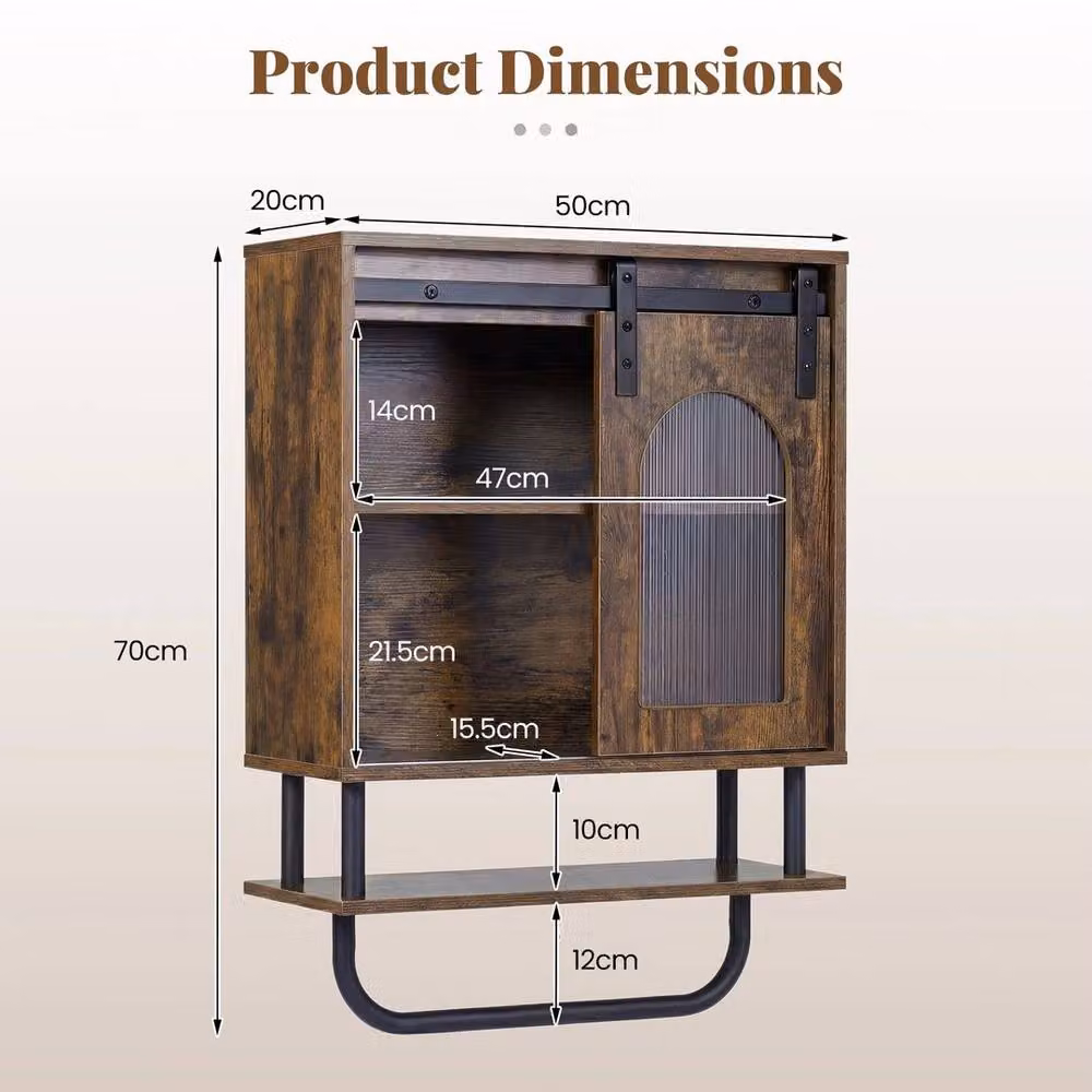 EONLION Industrial Brown Wall Mounted Bathroom Cabinet with Glass Sliding Doors and Internal Shelves – 2