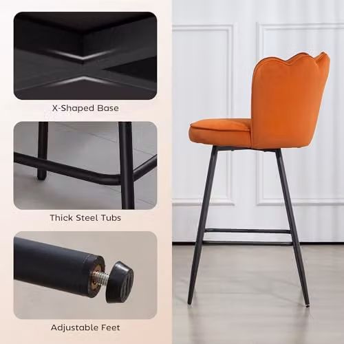 HOMCOM Set of 2 Orange Velvet Bar Stools with Petal Backrest and Metal Footrest – 5