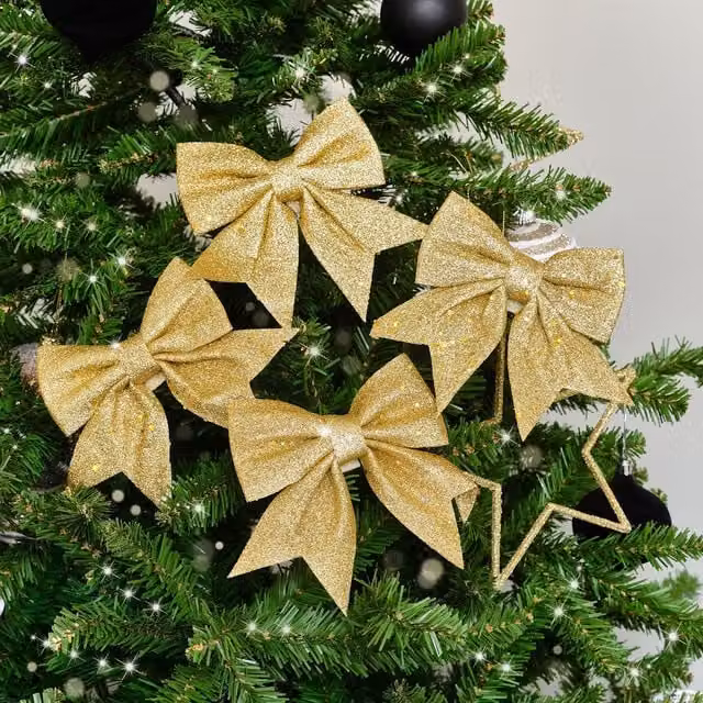 Melody Maison Set of 4 Gold Glitter Christmas Bow Hanging Pendants