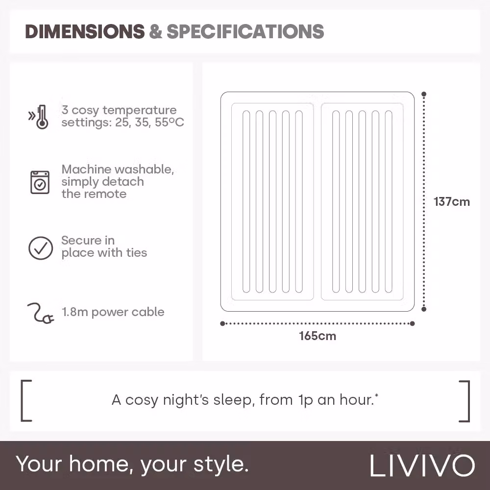 LIVIVO Dual-Control Electric Under-Blanket in White, W/D/H: 180 x 200 cm – 6