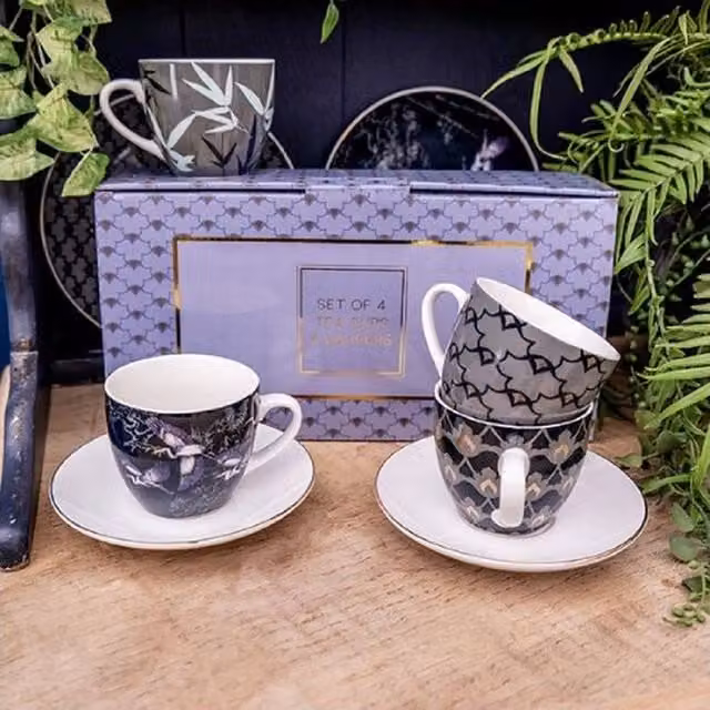 Madison & Mayfair Set of Four Purple and White Patterned Teacups with White Saucers in Grey