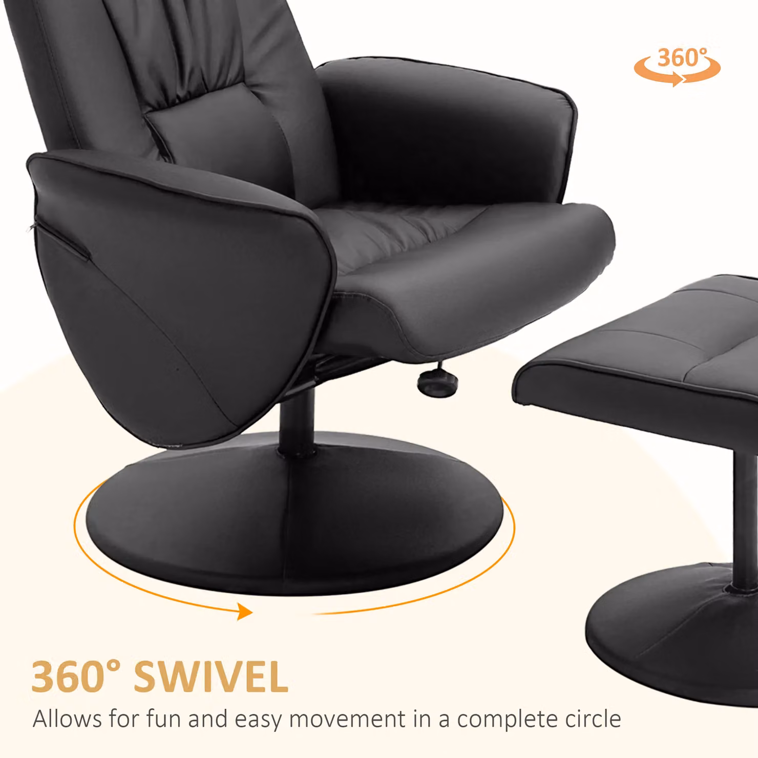 HOMCOM 2 Piece Reclining Armchair and Ottoman Set with 360 Degree Swivel in Black PU Leather – 5