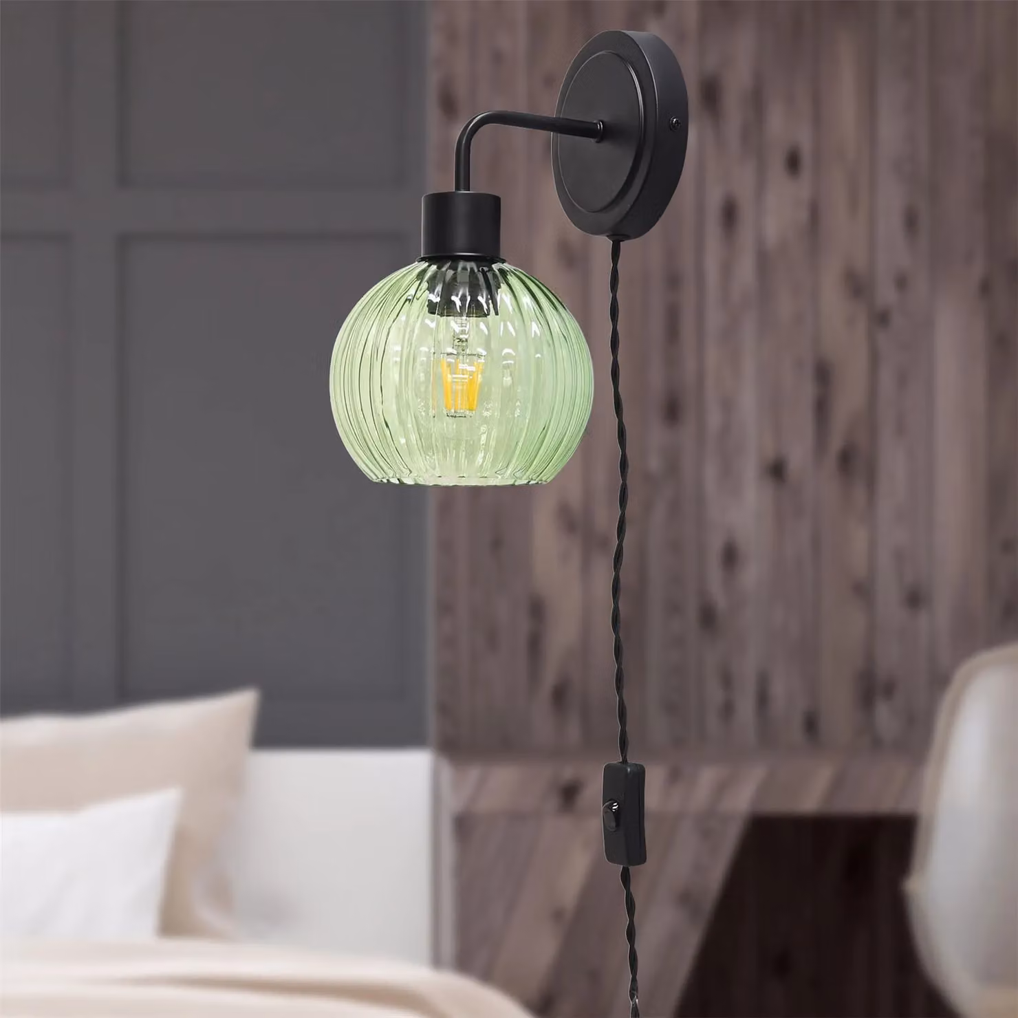 First Choice Lighting Toby Set of 2 Black Plug-in Wall Lights with Green Ribbed Glass Shades – 2