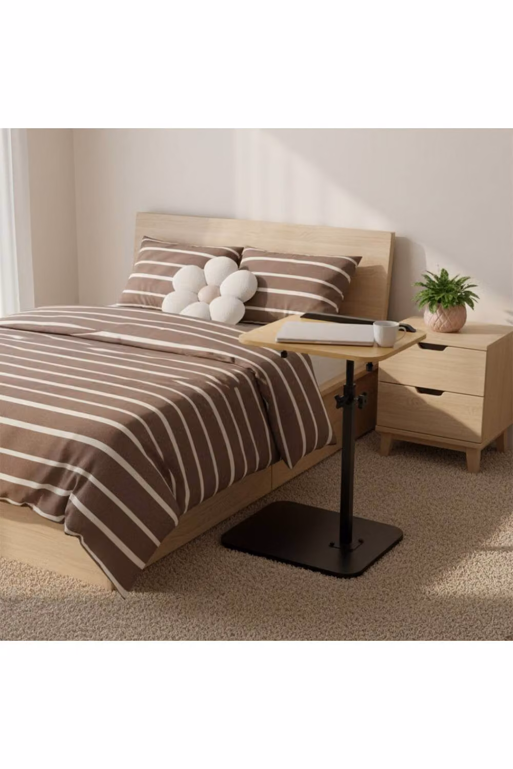 H&O Direct Adjustable Height Side Table with Tilting and Rotating Rectangular Top in Beige Wood Finish – 3