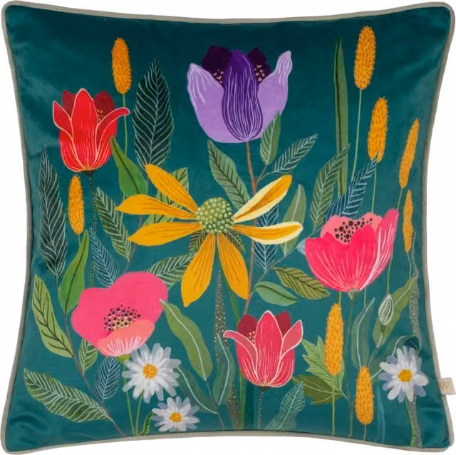 House Of Bloom Celandine Floral Velvet Piped Cushion in Blue and Multicolour with Feather Filling