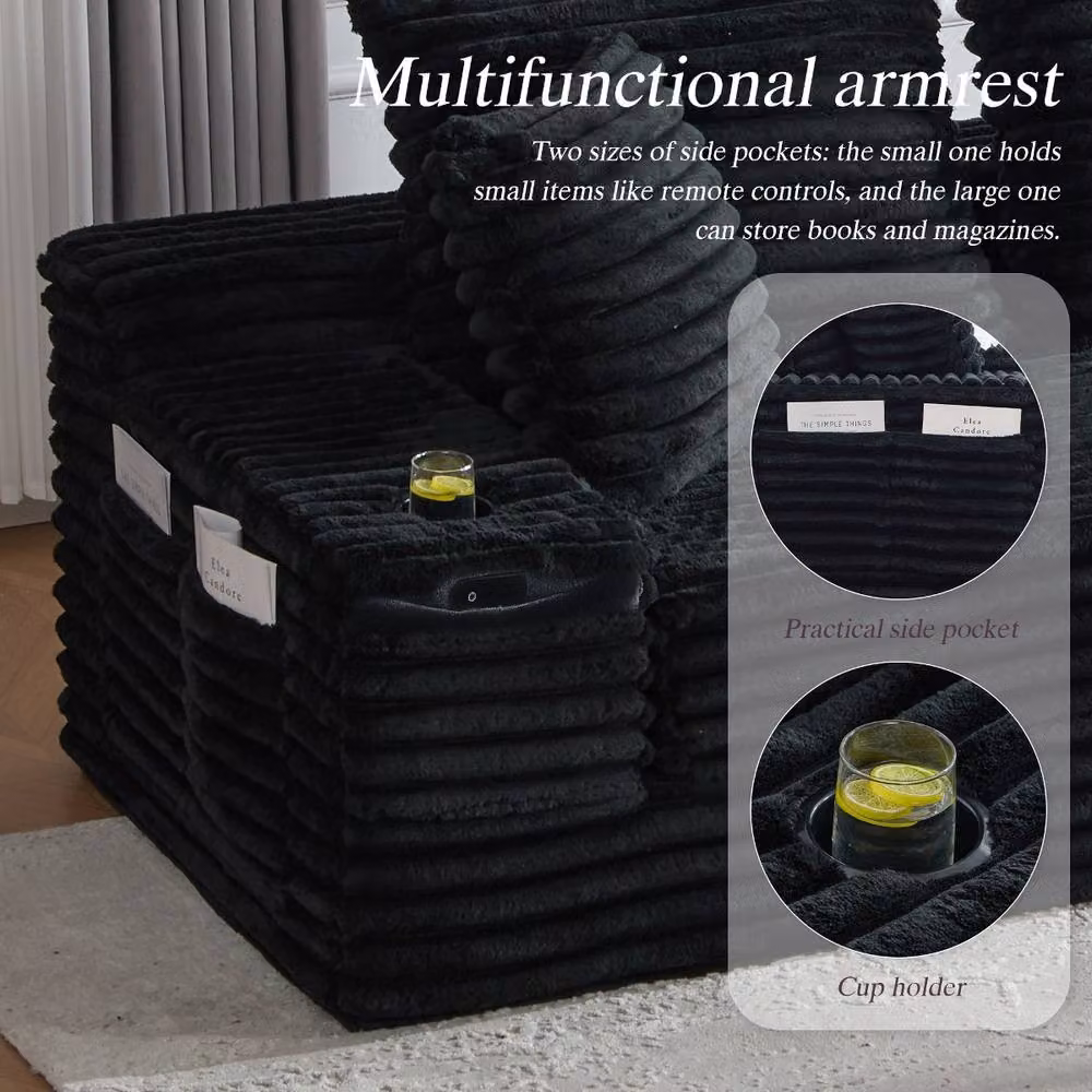Rolipo Black Corduroy Sleeper Sofa Bed with Cup Holders and Side Pockets – 3
