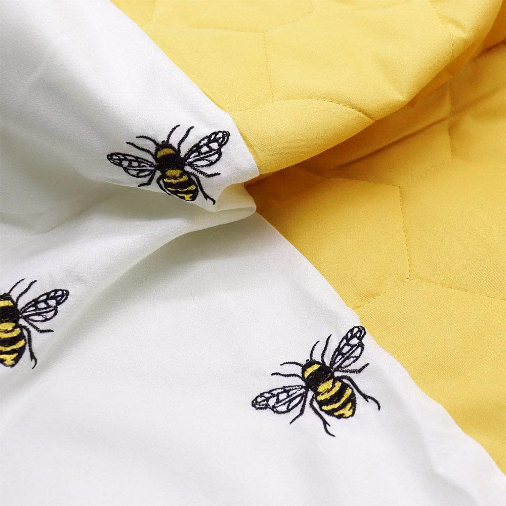 Voltico Embroidery Bee Microfibre Duvet Cover and Pillowcase Set in Bright Yellow and White – 2