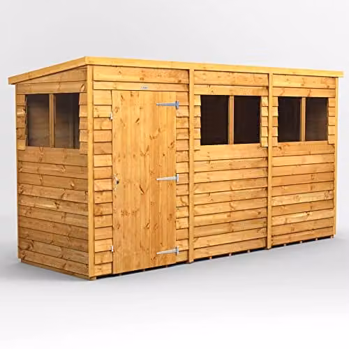 Powersheds Premium Pent Overlap Wooden Shed in Brown with Security Features, Floor and Window – 1