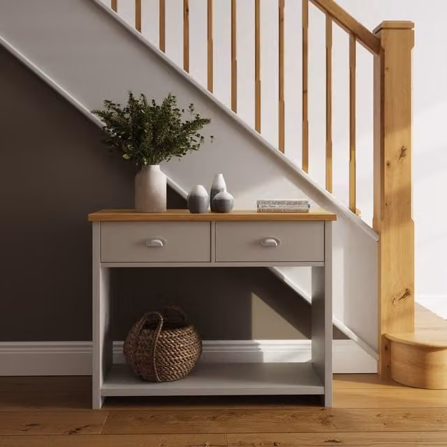 GFW Lancaster Modern Grey and Oak 2 Drawer Console Table W/D/H: 76.0 x 97.0 x 126.0 cm – 1