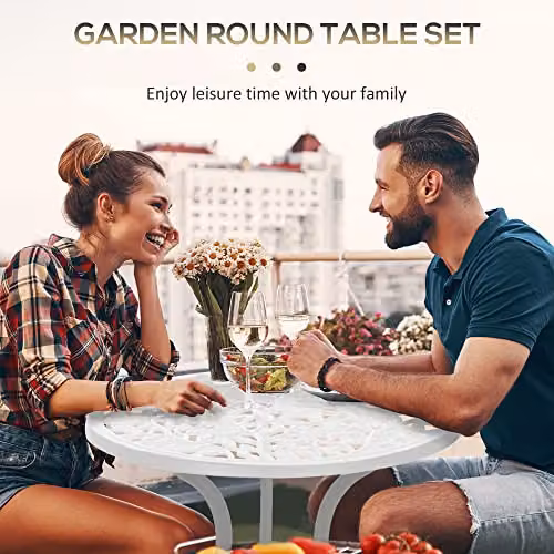 Outsunny 3 Piece Aluminium Bistro Set with Floral Pattern Dining Table and Chairs in Antique White – 4