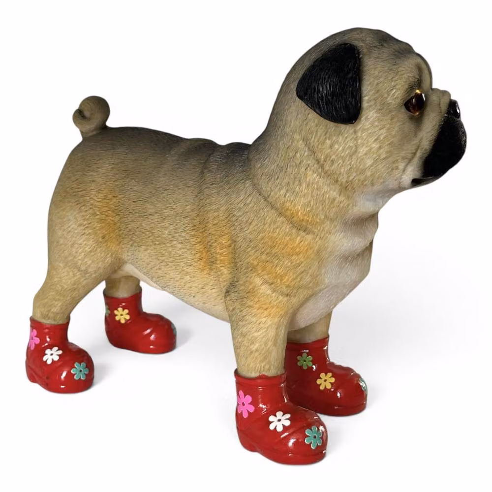 Animal Crackers Pug Dog Figurine in Red Welly Boots with Floral Decoration, Brown – 3
