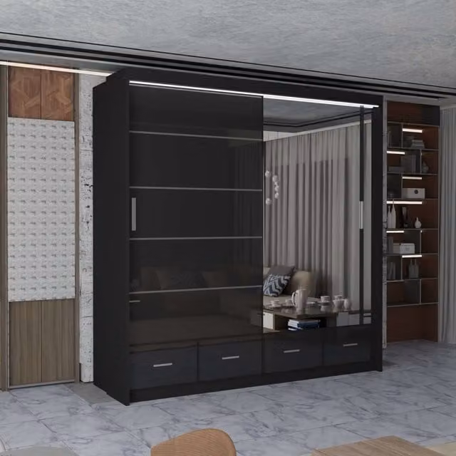 MN Furniture Black High Gloss Sliding Mirrored Wardrobe with Integrated LED Lighting W: 203 cm, H: 220 cm – 1