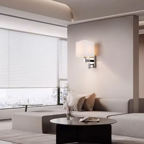 Harper Living Polished Chrome Wall Light with Adjustable LED Reading Light, USB and USB-C Charging Ports, Square White Fabric Shade – 6