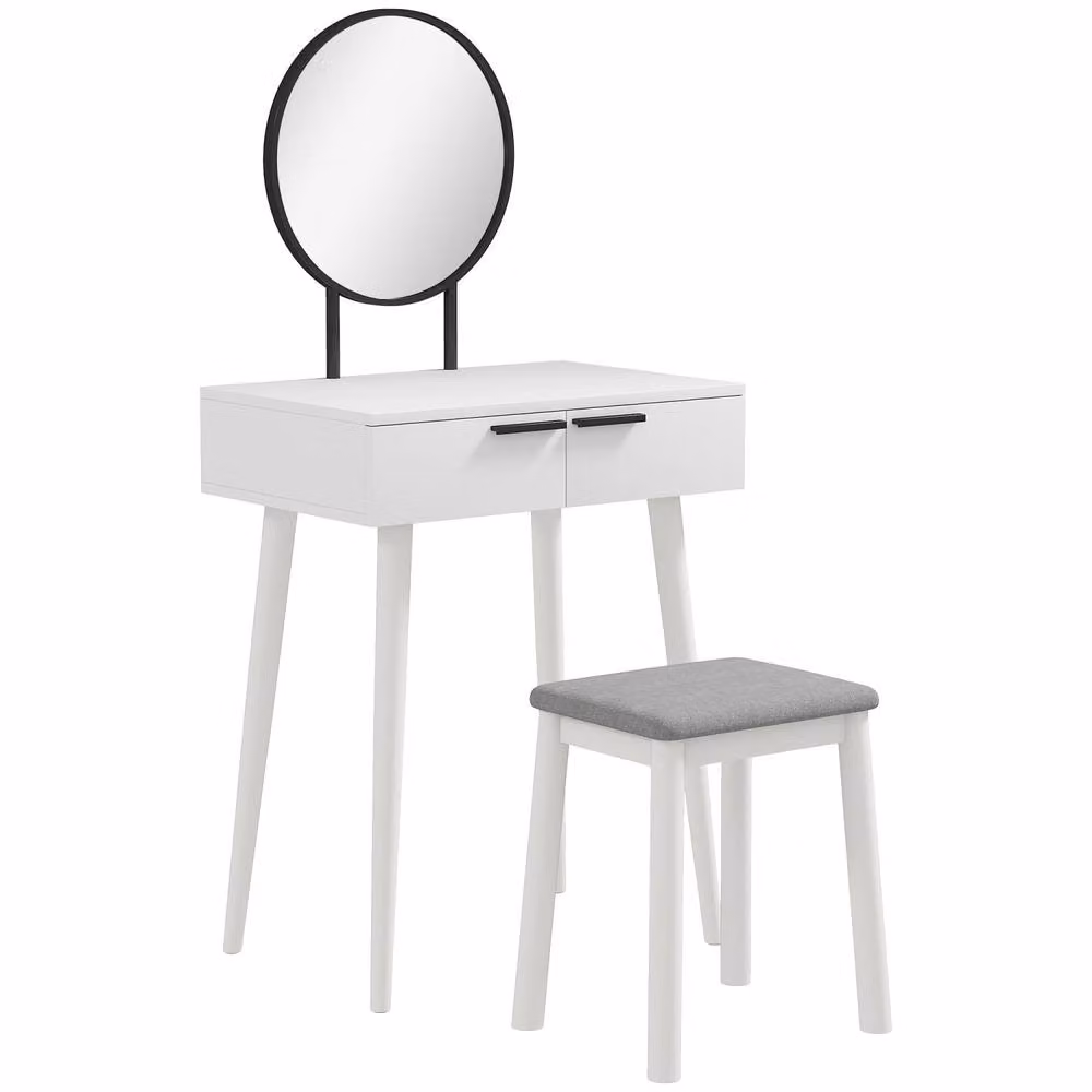 Wyld Haus Comika White Dressing Table and Stool Set with Round Mirror and 2 Drawers – 2