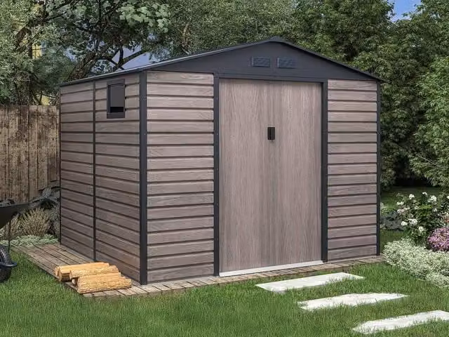 Vente-unique Grey Wood Effect Galvanised Steel Garden Shed with Double Doors and Window, 7.17 m2 – 1