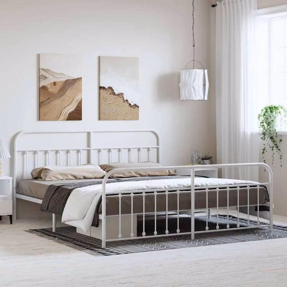 Berkfield Home Metal Bed Frame with Headboard and Footboard, White, W: 193 cm, D: 198 cm, H: 100 cm – 2