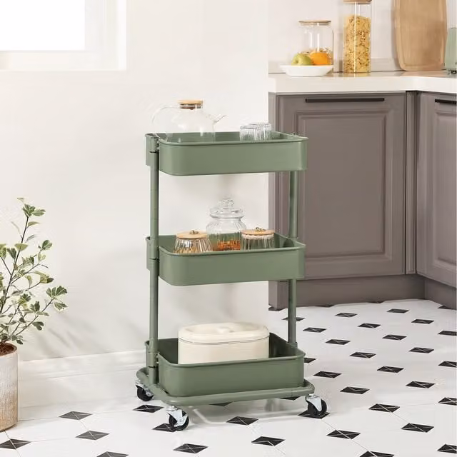SONGMICS Modern Adjustable Rolling Storage Cart in Green or Beige