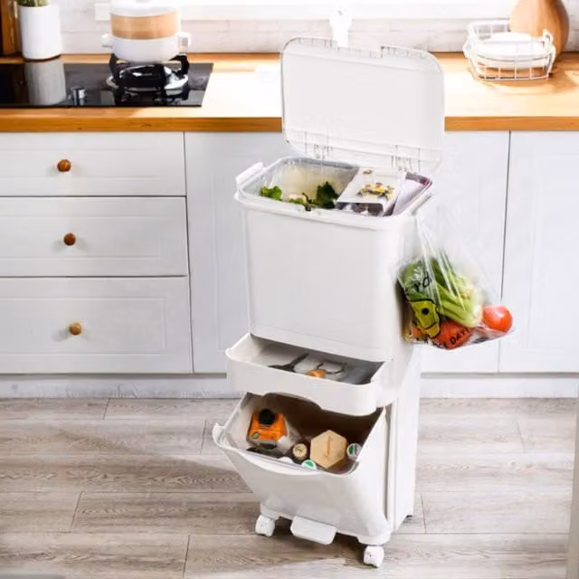 Livingandhome 3-Tier Pedal Trash Bin with Dry and Wet Separation in Grey