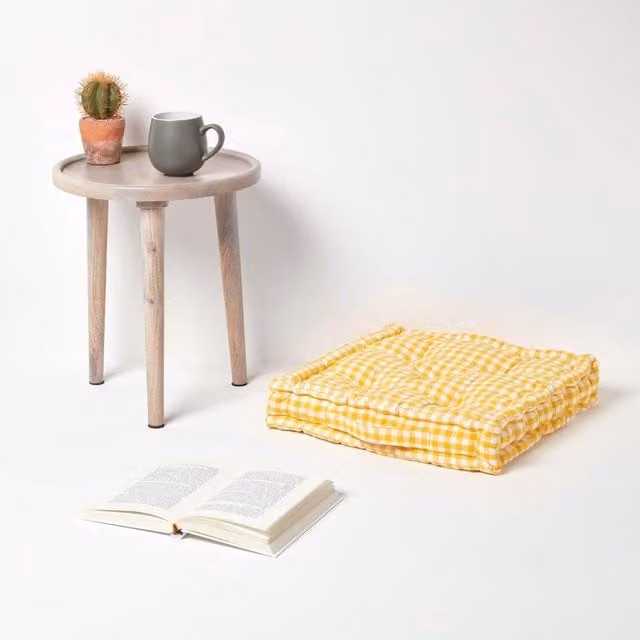 Homescapes Cotton Gingham Check Floor Cushion, Yellow, W/D/H: 40 x 40 x 40 cm