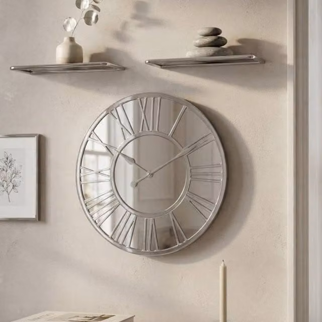 Garden Greatness Silver Roman Numeral Mirror Wall Clock
