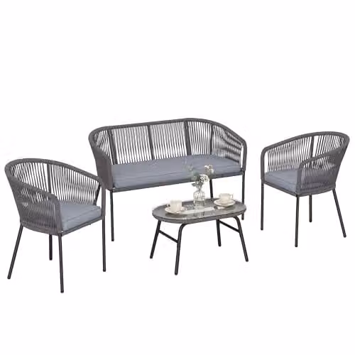 Outsunny 4 Piece Grey Rope Woven Garden Furniture Set with Upholstered Cushions